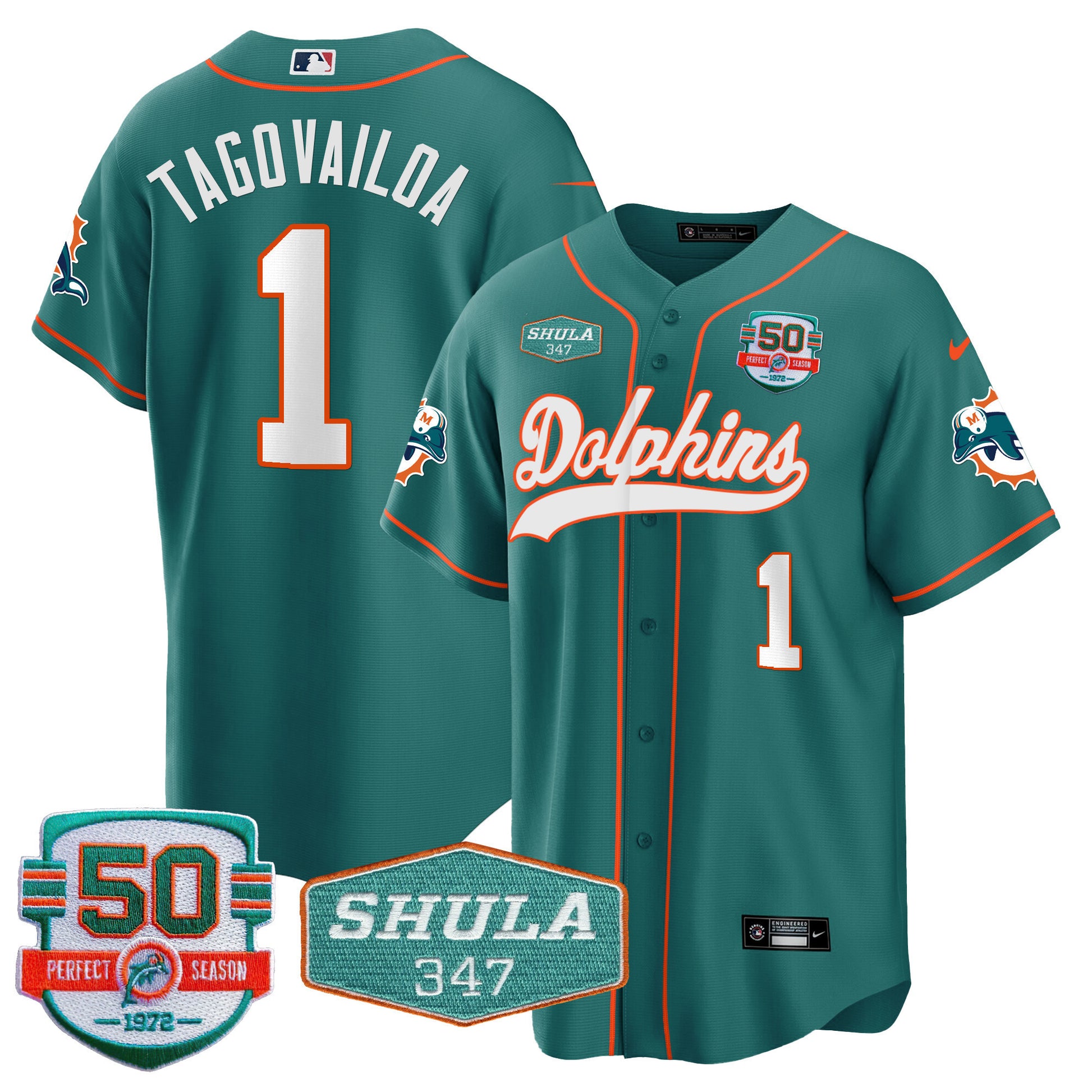 Men's Dolphins 50th & Don Shula 347 Memorial Patch Baseball Jersey - All Stitched