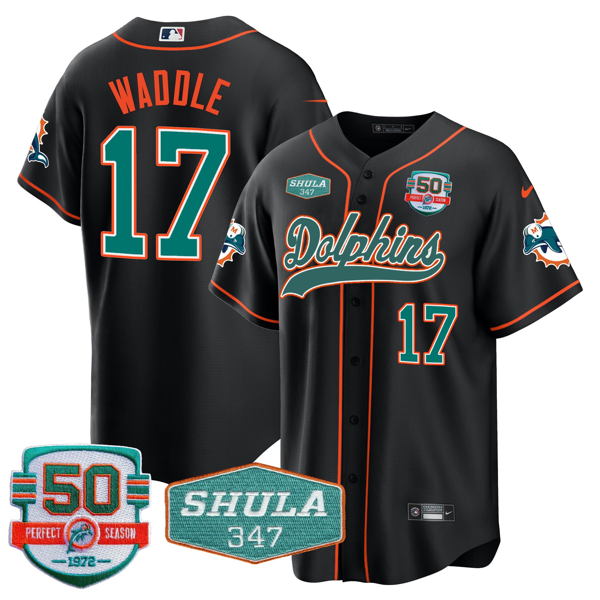 Men's Dolphins 50th & Don Shula 347 Memorial Patch Baseball Jersey - All Stitched