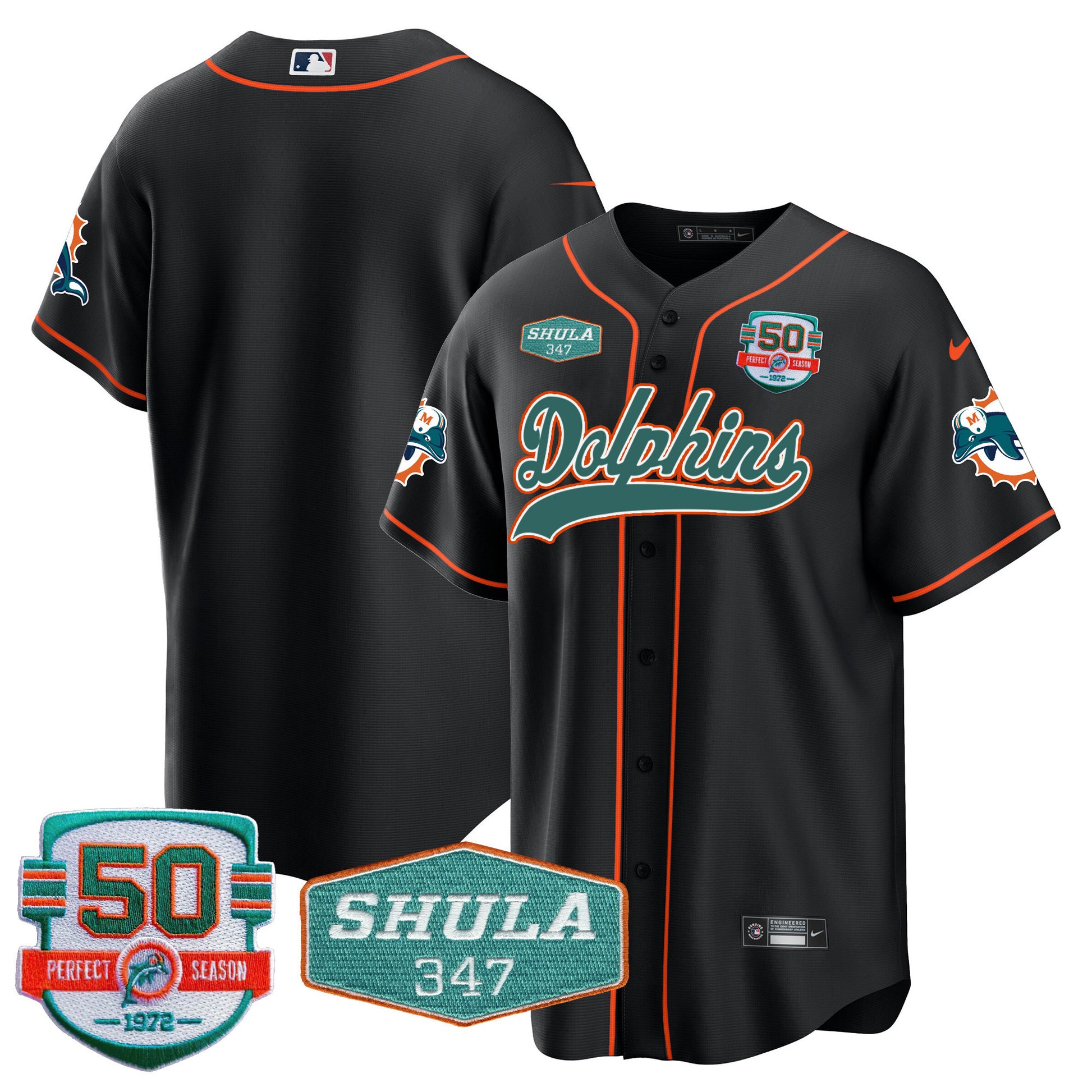 Men's Dolphins 50th & Don Shula 347 Memorial Patch Baseball Jersey - All Stitched