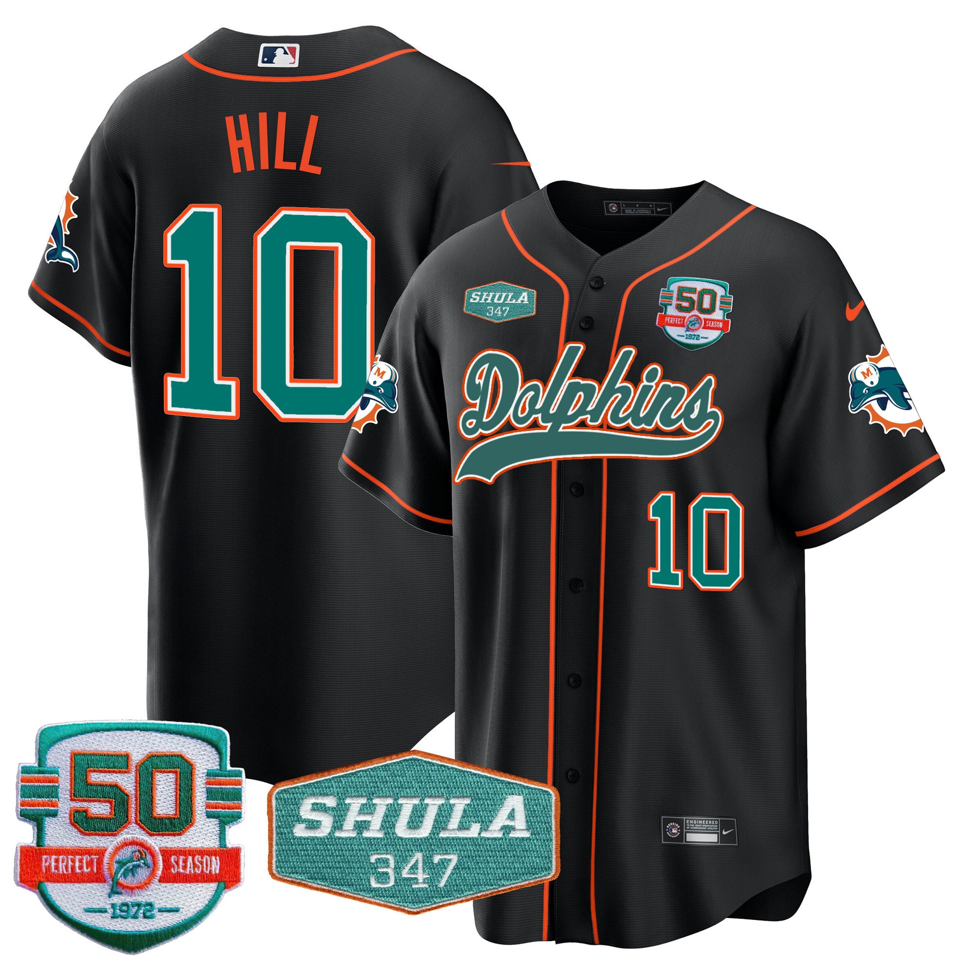 Men's Dolphins 50th & Don Shula 347 Memorial Patch Baseball Jersey - All Stitched