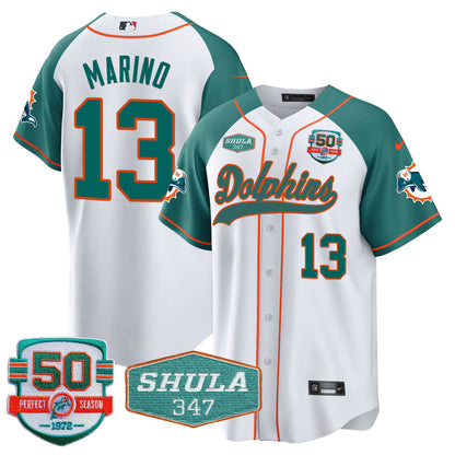 Men's Dolphins 50th & Don Shula 347 Memorial Patch Baseball Jersey - All Stitched