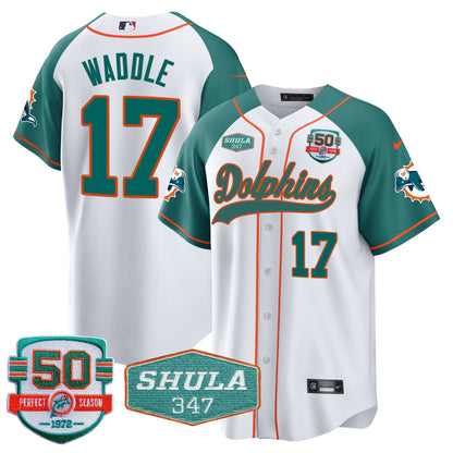 Men's Dolphins 50th & Don Shula 347 Memorial Patch Baseball Jersey - All Stitched
