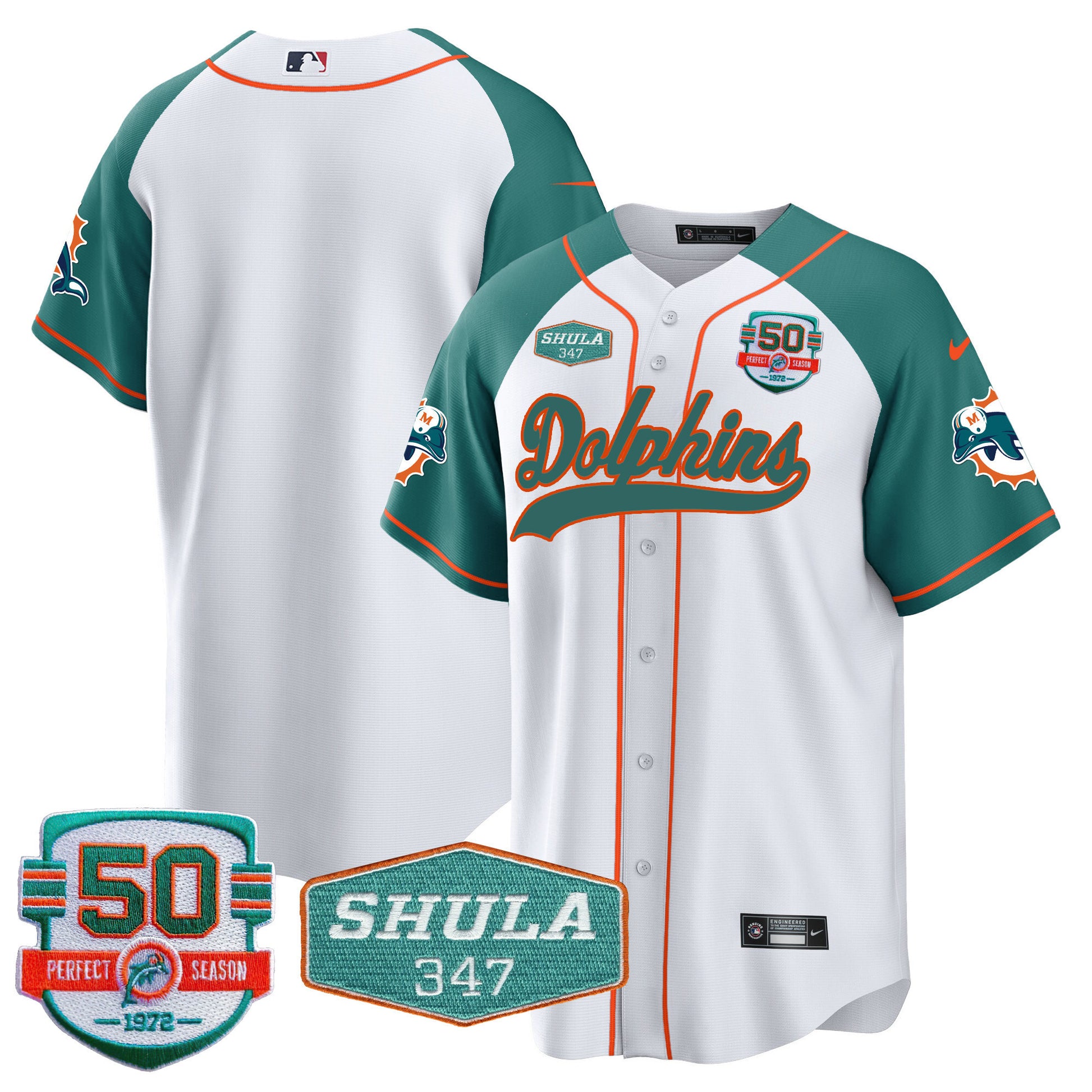 Men's Dolphins 50th & Don Shula 347 Memorial Patch Baseball Jersey - All Stitched