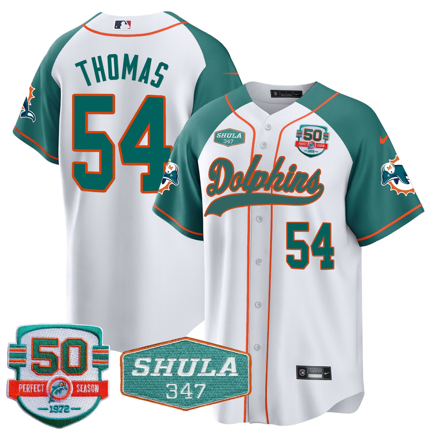 Men's Dolphins 50th & Don Shula 347 Memorial Patch Baseball Jersey - All Stitched