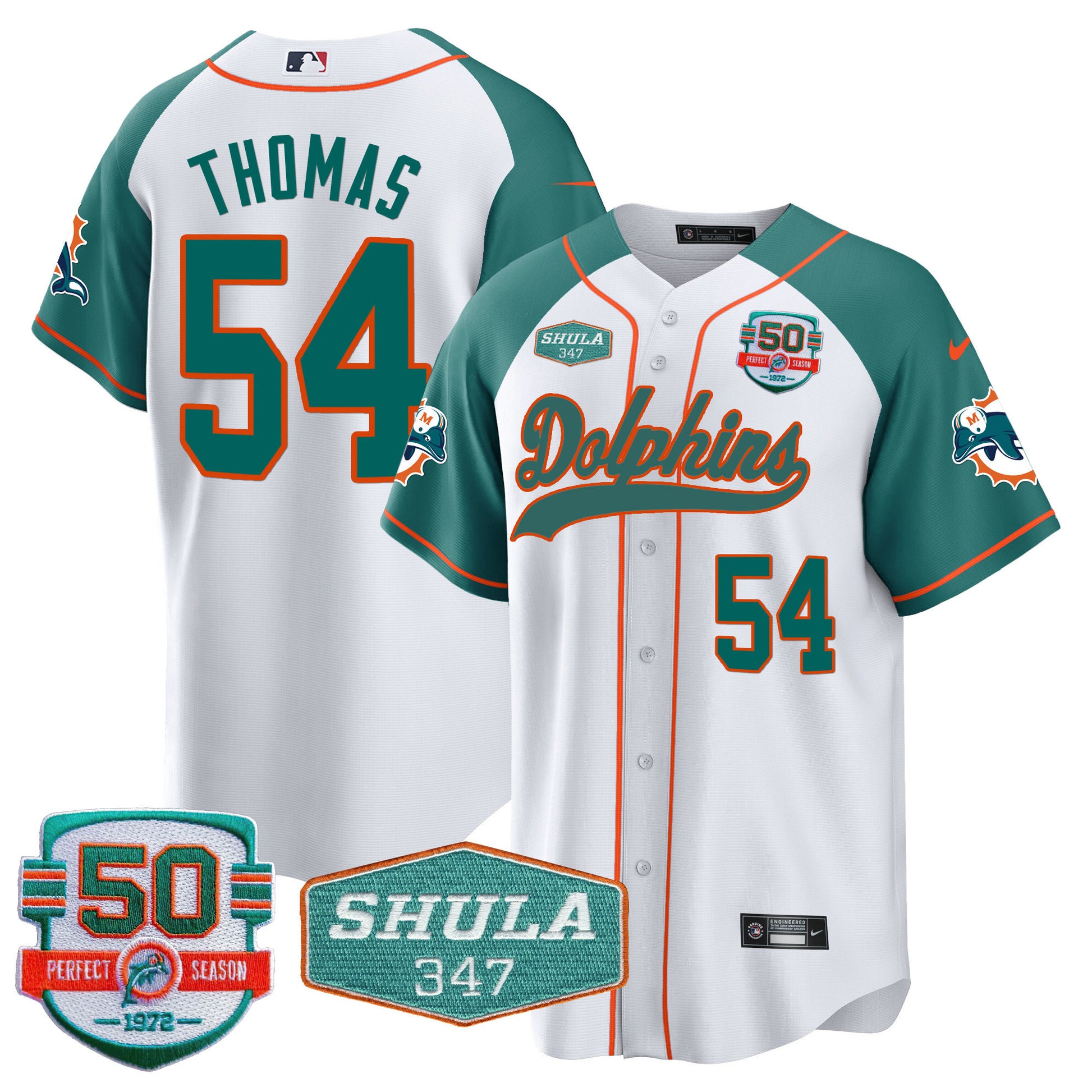 Men's Dolphins 50th & Don Shula 347 Memorial Patch Baseball Jersey - All Stitched
