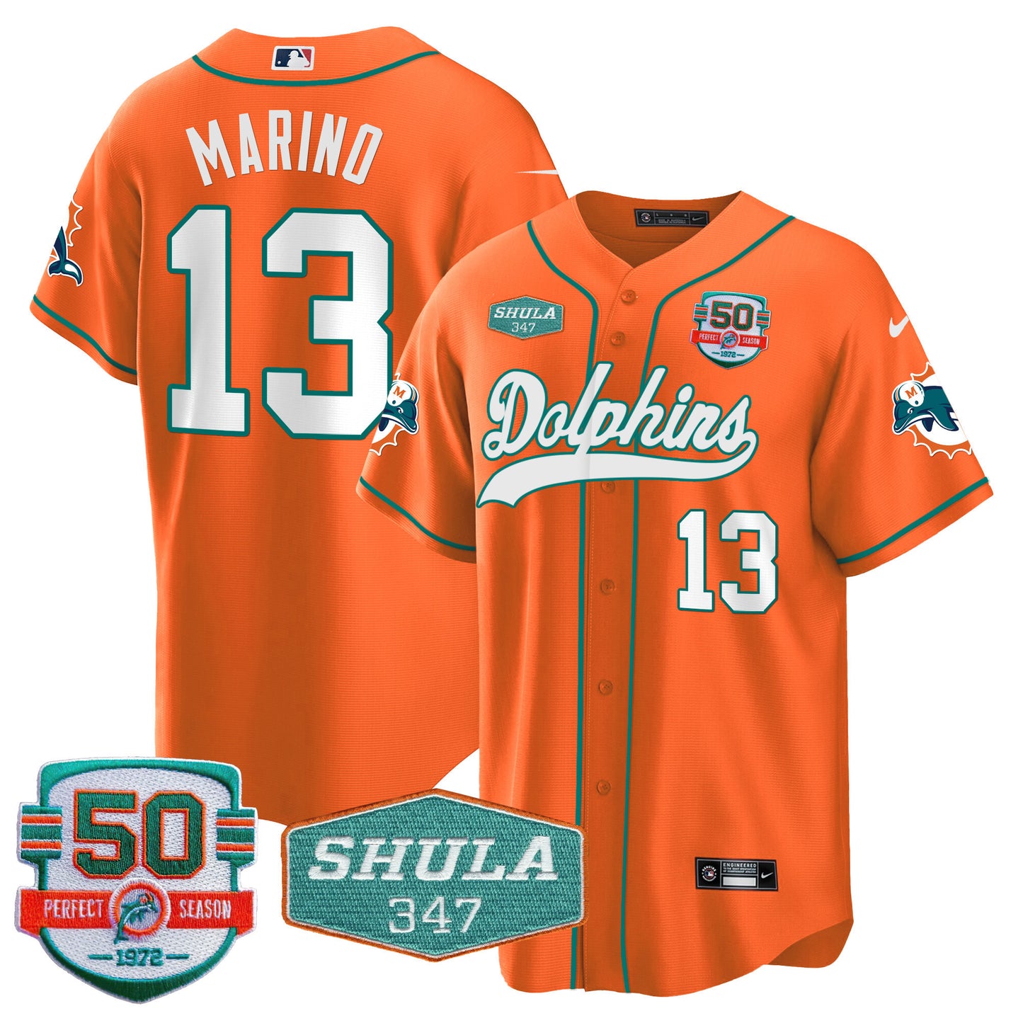 Men's Dolphins 50th & Don Shula 347 Memorial Patch Baseball Jersey - All Stitched