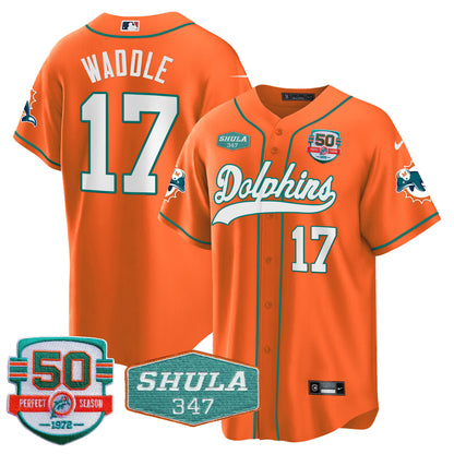 Men's Dolphins 50th & Don Shula 347 Memorial Patch Baseball Jersey - All Stitched