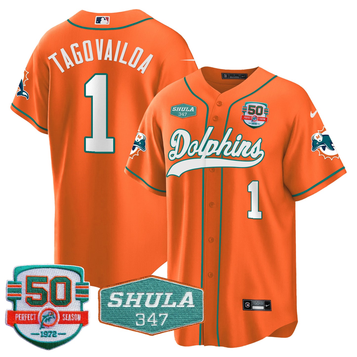 Men's Dolphins 50th & Don Shula 347 Memorial Patch Baseball Jersey - All Stitched