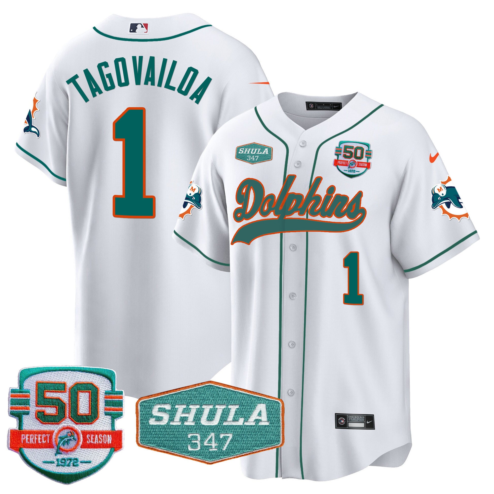 Men's Dolphins 50th & Don Shula 347 Memorial Patch Baseball Jersey - All Stitched