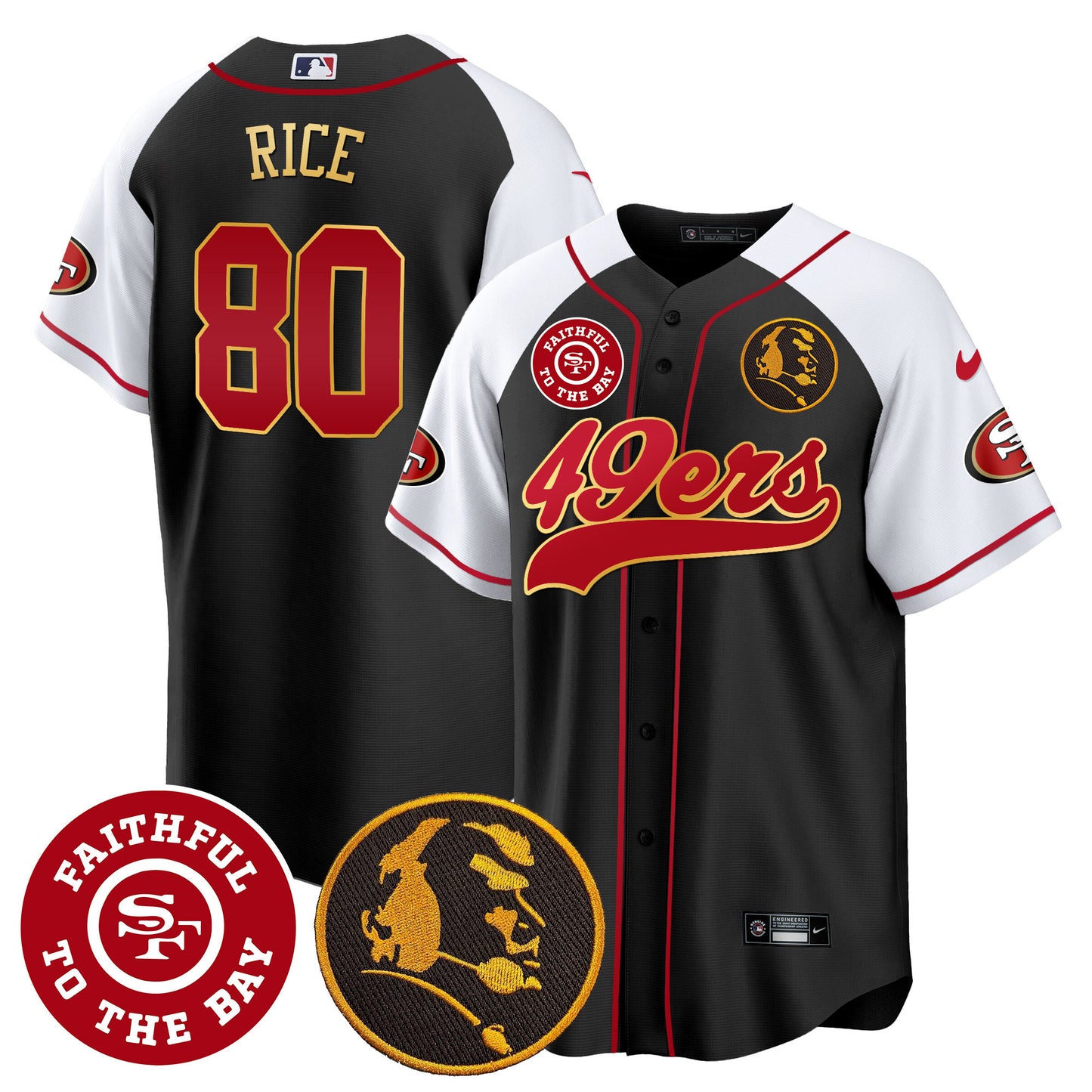 Men's 49ers Faithful & John Madden Patch Baseball Gold Trim Jersey - All Stitched
