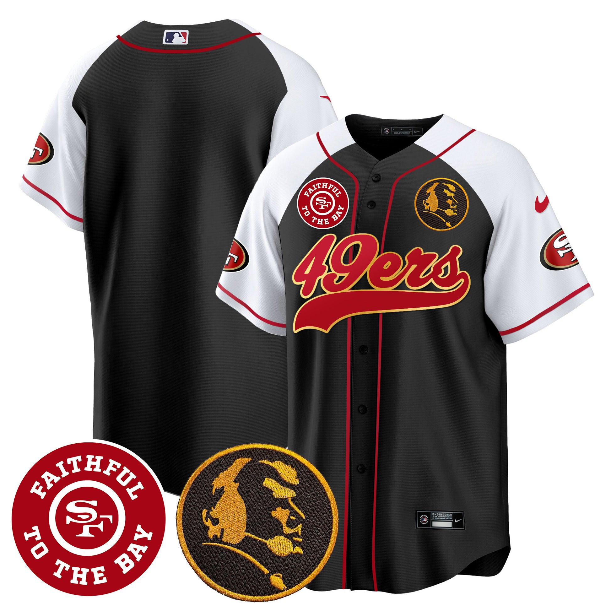 Men's 49ers Faithful & John Madden Patch Baseball Gold Trim Jersey - All Stitched