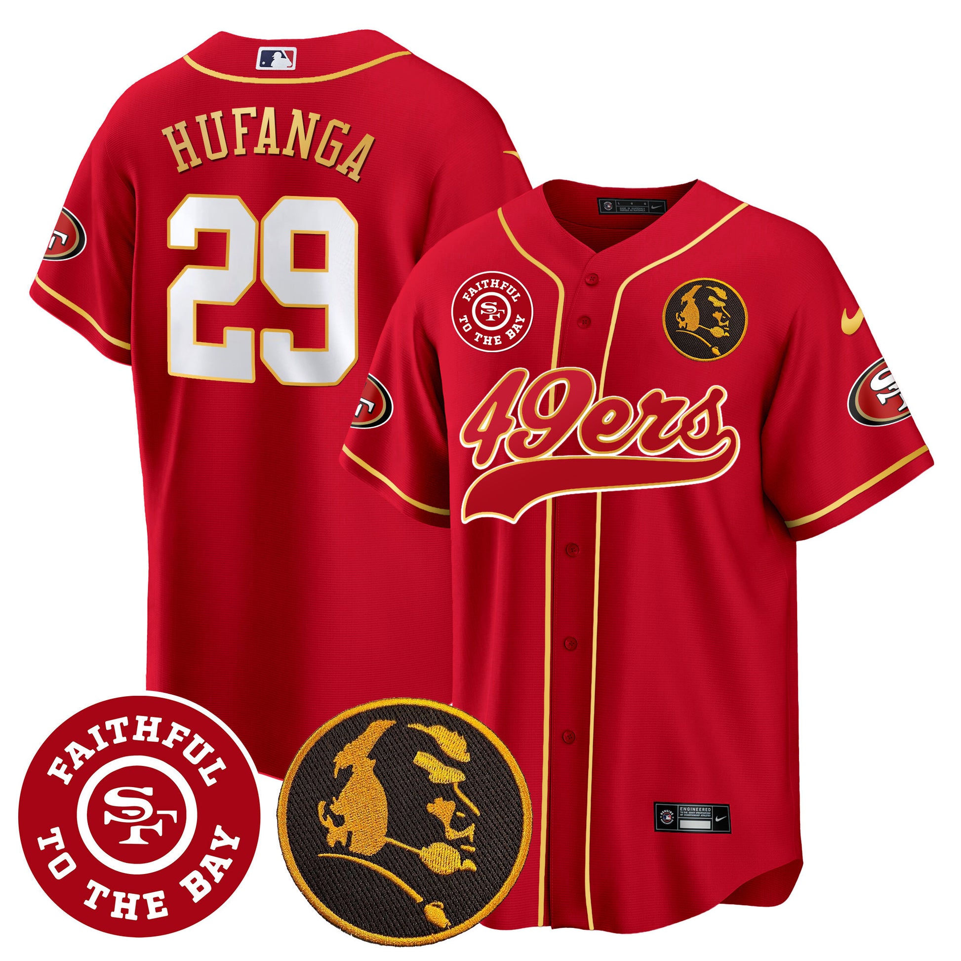 Men's 49ers Faithful & John Madden Patch Baseball Gold Trim Jersey - All Stitched