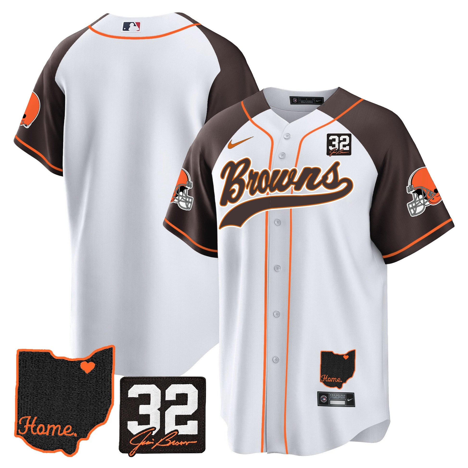 Men's Browns #32 Jim Brown Memorial & Home Patch Baseball Jersey V2 - All Stitched