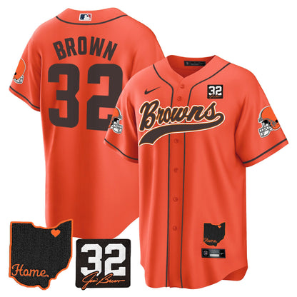 Men's Browns #32 Jim Brown Memorial & Home Patch Baseball Jersey V2 - All Stitched