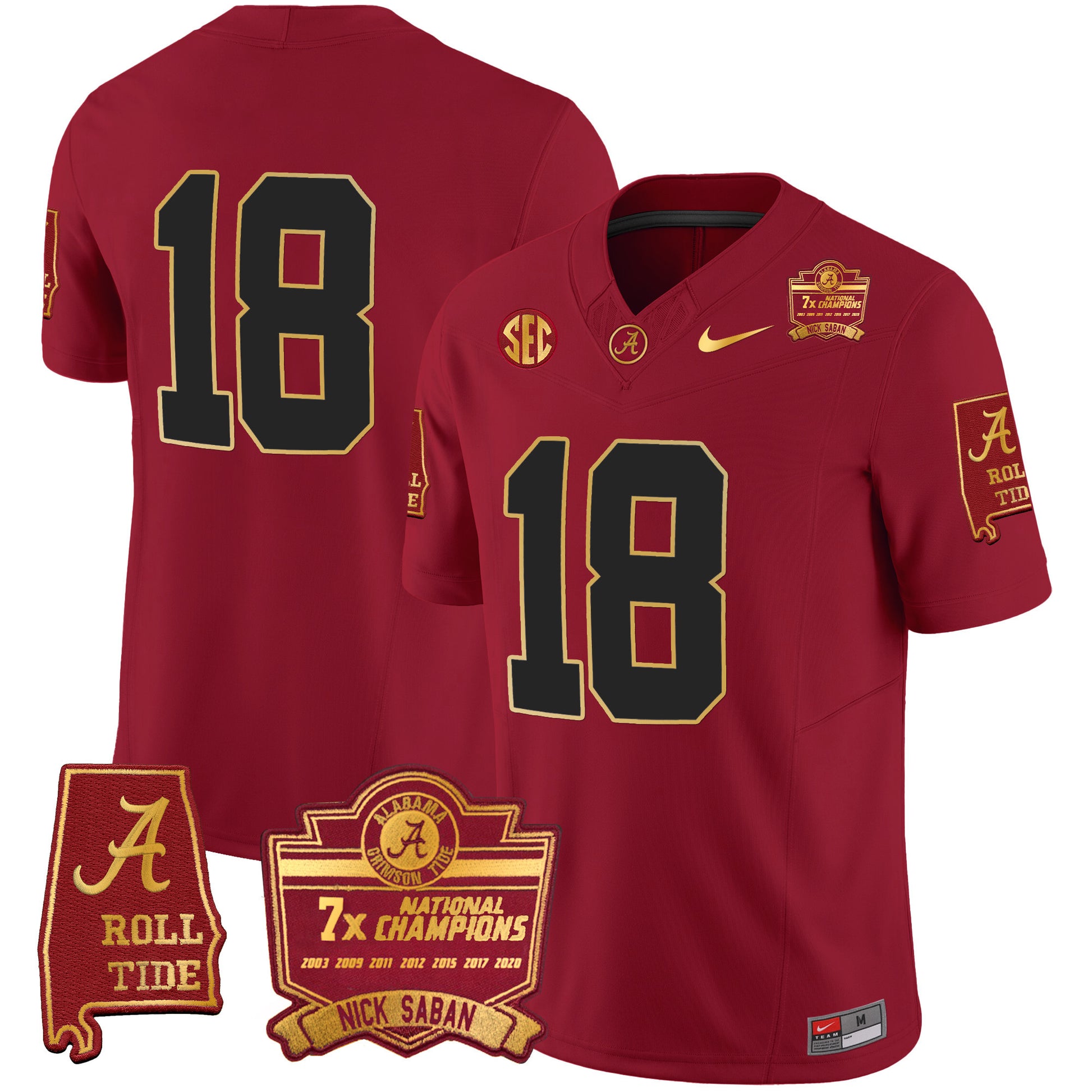 Men's Alabama Crimson Tide Nick Saban 7x Champions Patch Gold Trim Jersey - All Stitched