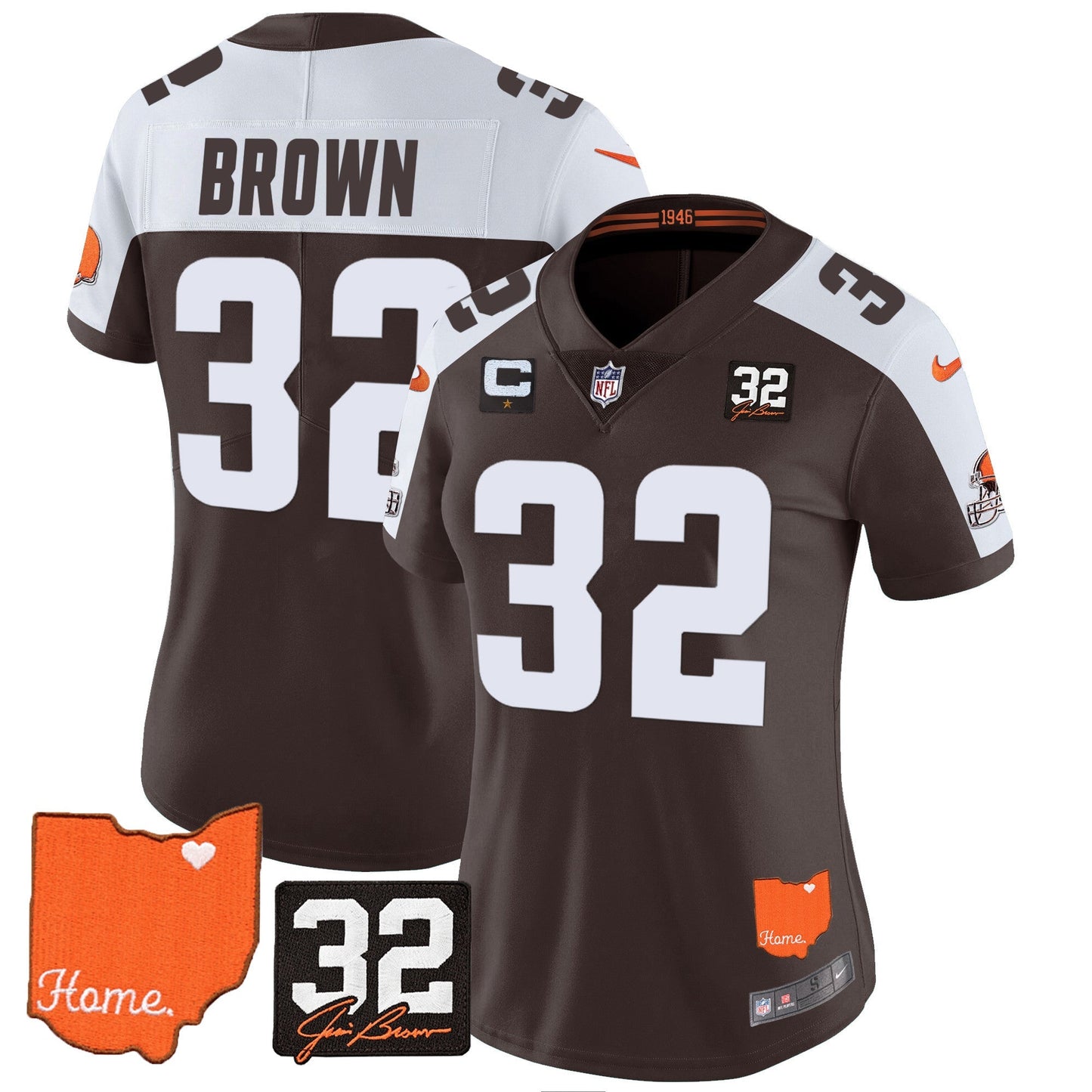 Women's Browns #32 Jim Brown Memorial & Home Patch Vapor Limited Jersey - All Stitched