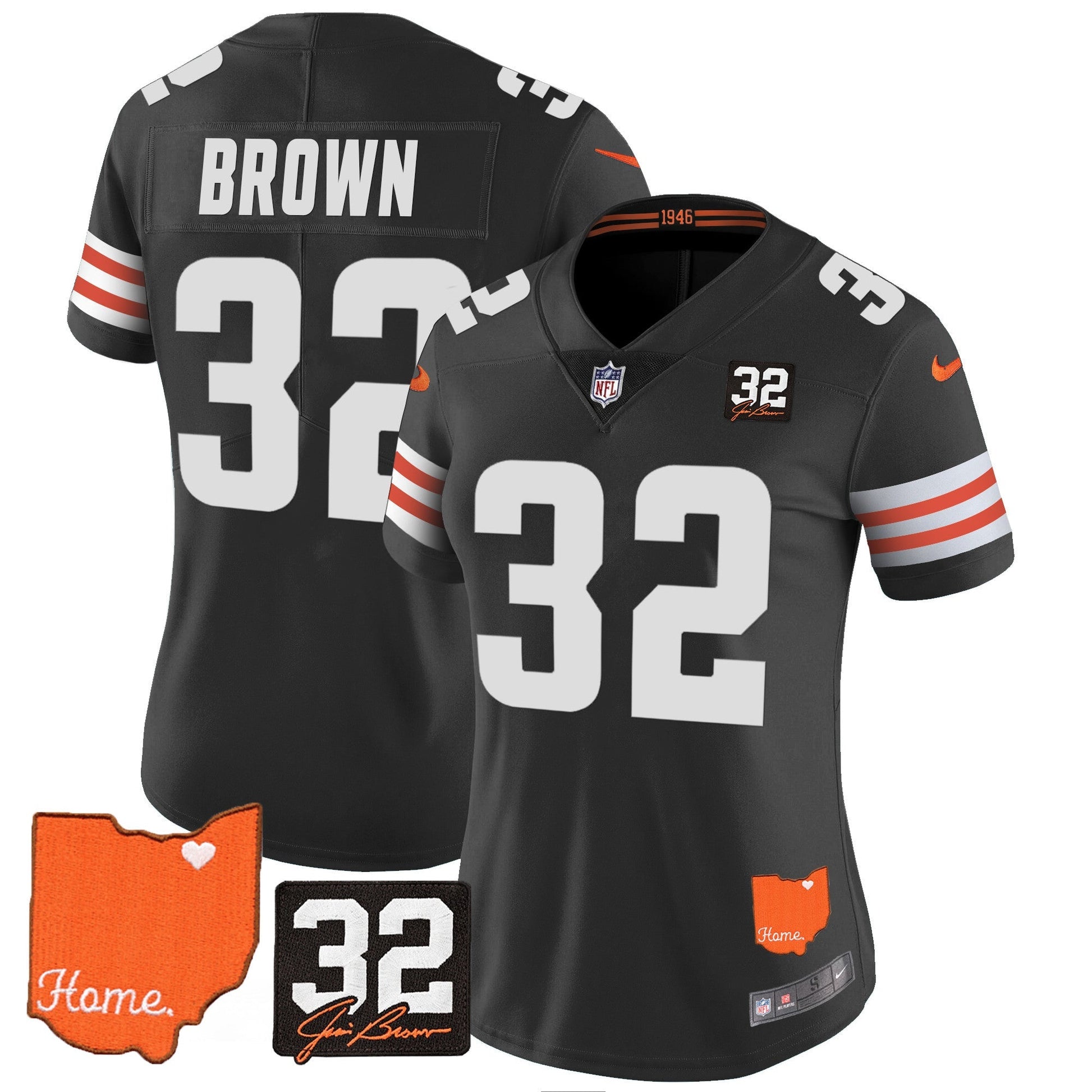 Women's Browns #32 Jim Brown Memorial & Home Patch Vapor Limited Jersey - All Stitched