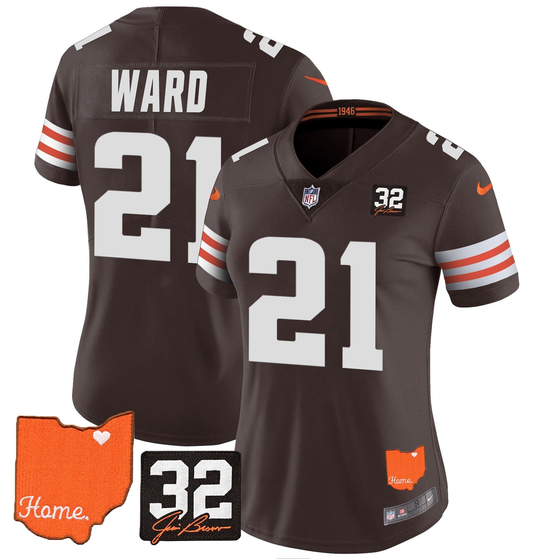 Women's Browns #32 Jim Brown Memorial & Home Patch Vapor Limited Jersey - All Stitched