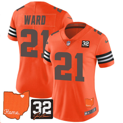 Women's Browns #32 Jim Brown Memorial & Home Patch Vapor Limited Jersey - All Stitched