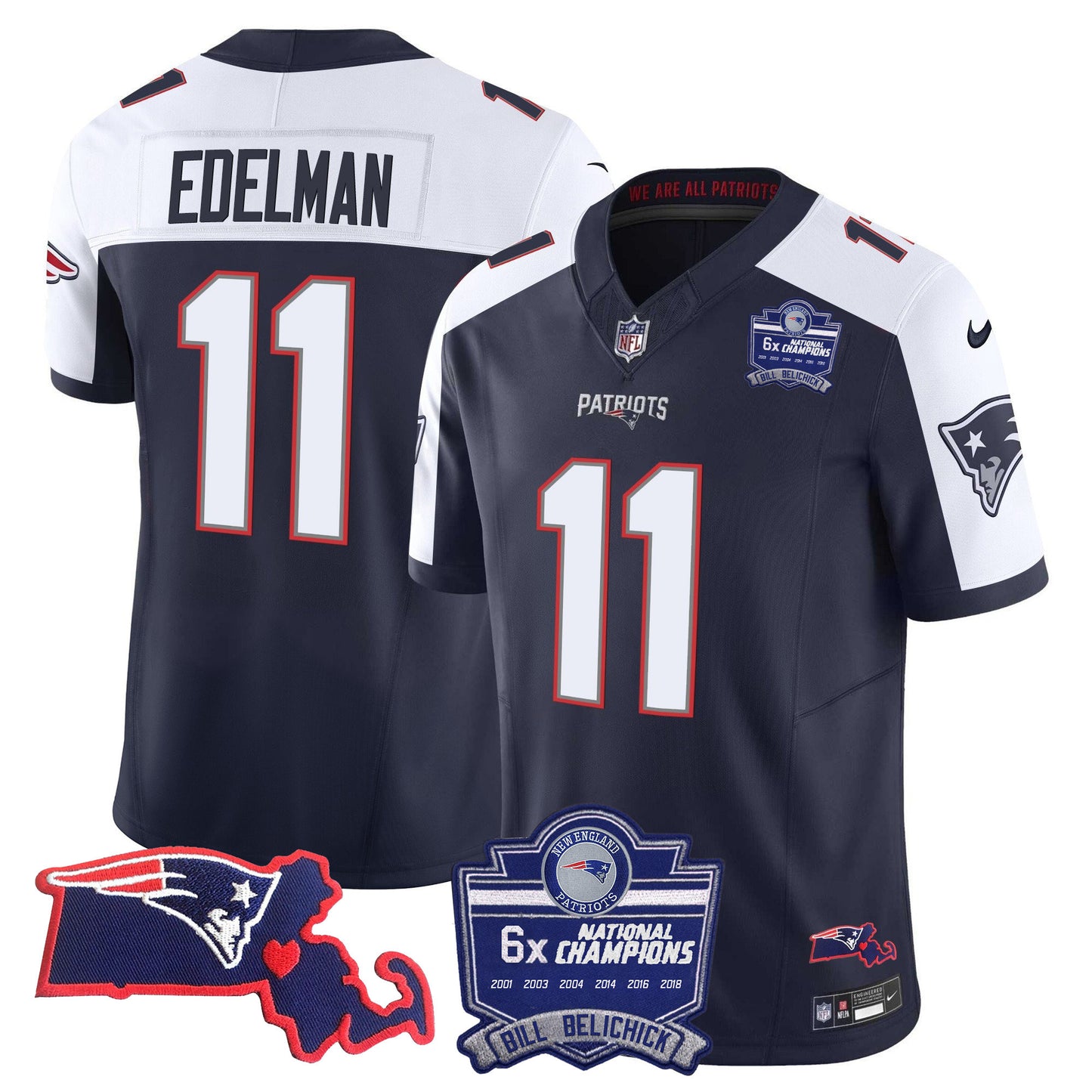 Men's Patriots Bill Belichick 6x Champions Patch Vapor Jersey - All Stitched