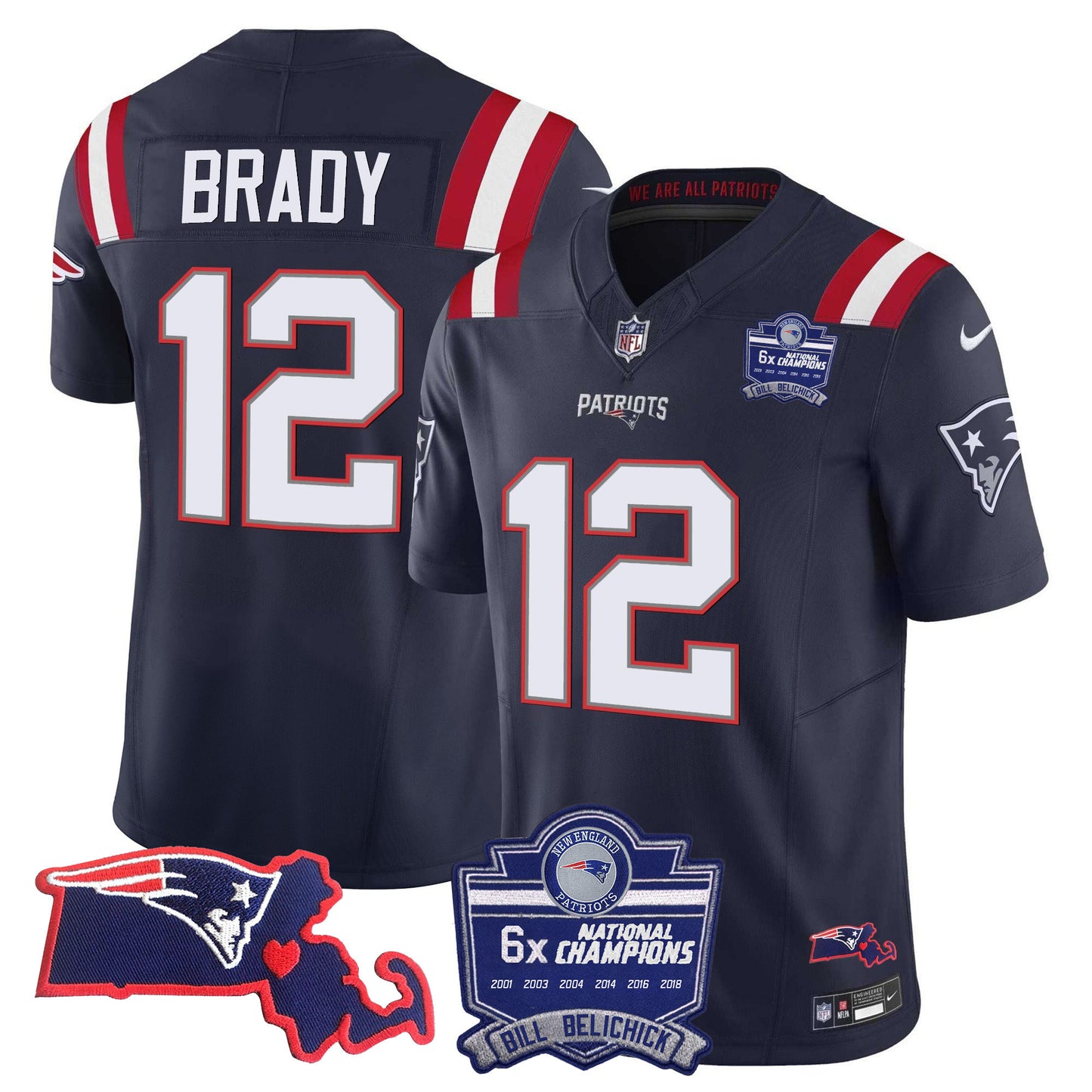 Men's Patriots Bill Belichick 6x Champions Patch Vapor Jersey - All Stitched