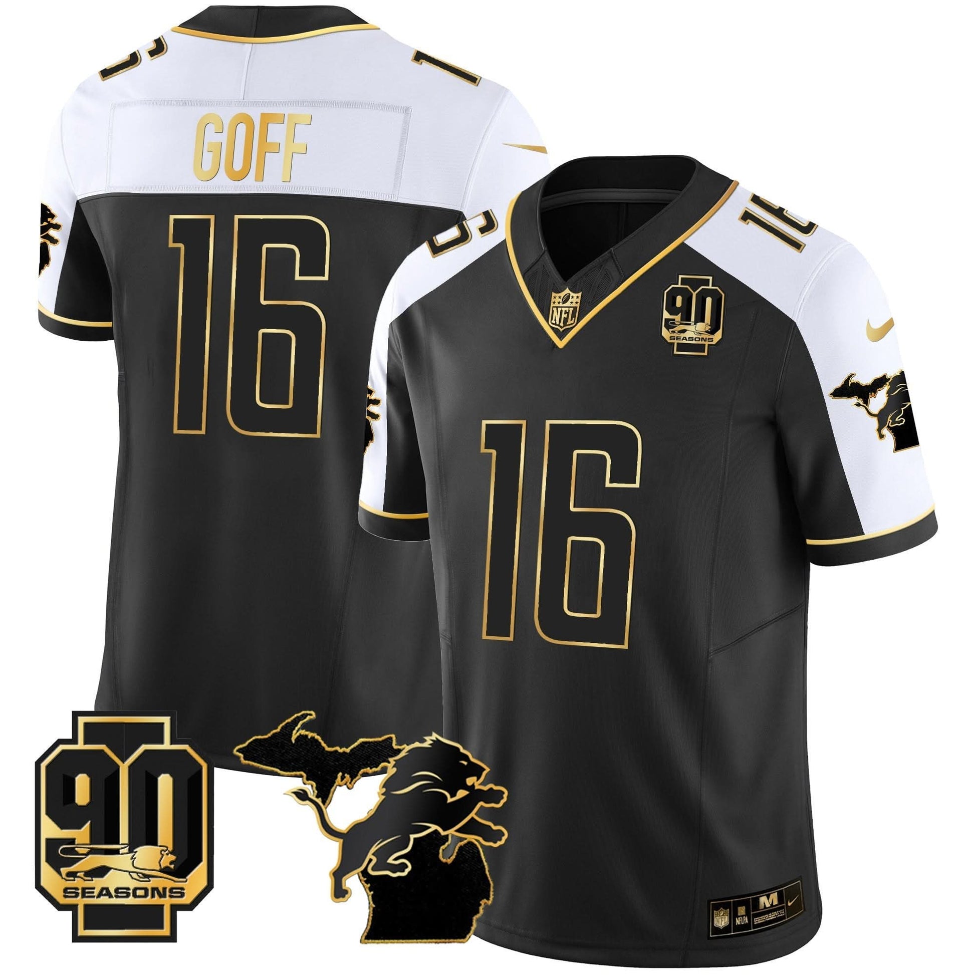 DET 90th Year & Michigan Patch Gold Vapor Jersey - All Stitched