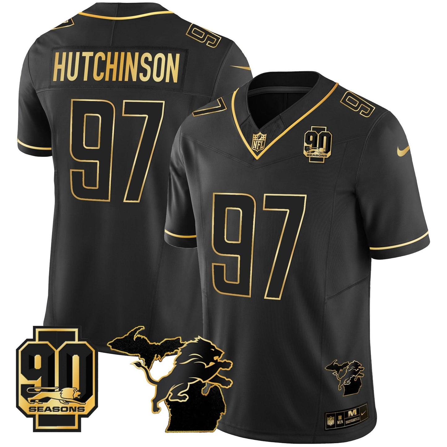 DET 90th Year & Michigan Patch Gold Vapor Jersey - All Stitched