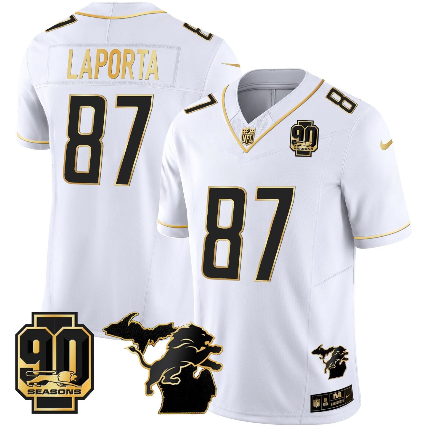 DET 90th Year & Michigan Patch Gold Vapor Jersey - All Stitched