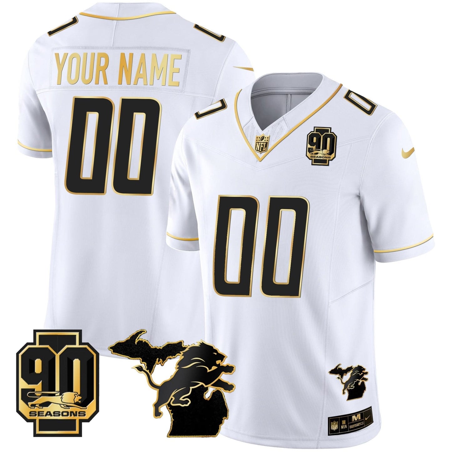 DET 90th Year & Michigan Patch Gold Vapor Custom Jersey - All Stitched