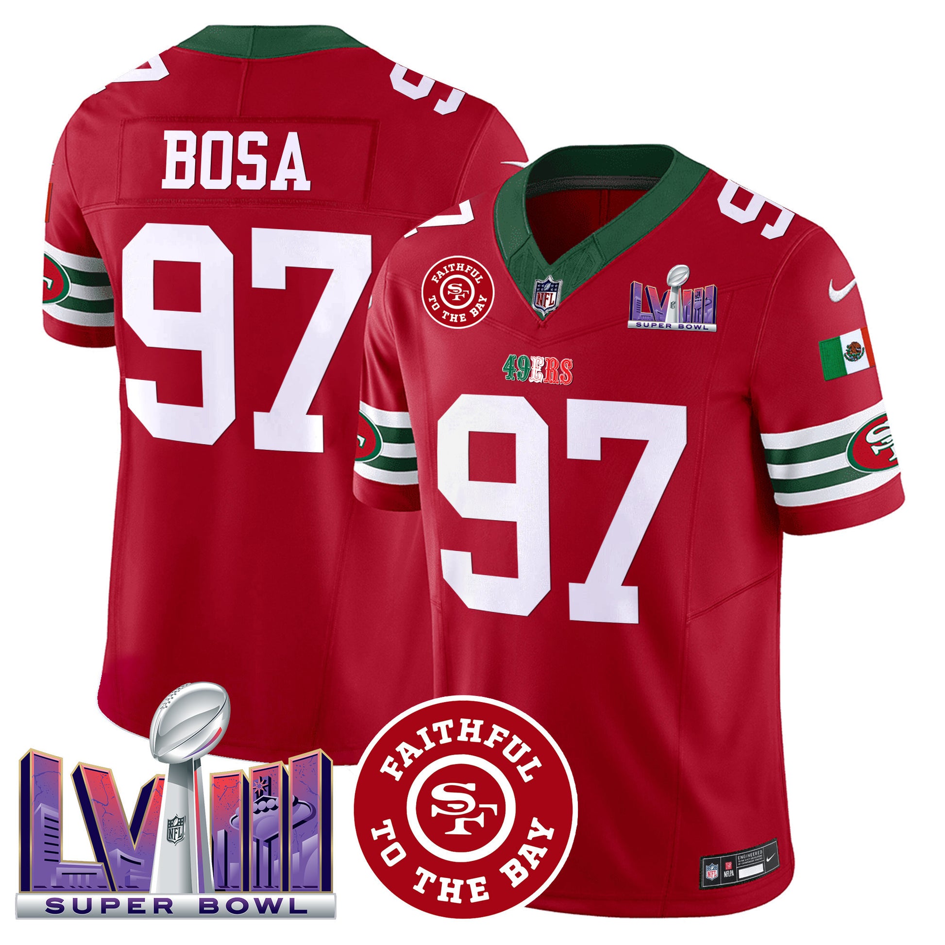 Men's 49ers Mexico Faithful & Super Bowl LVIII Patch Vapor Jersey - All Stitched
