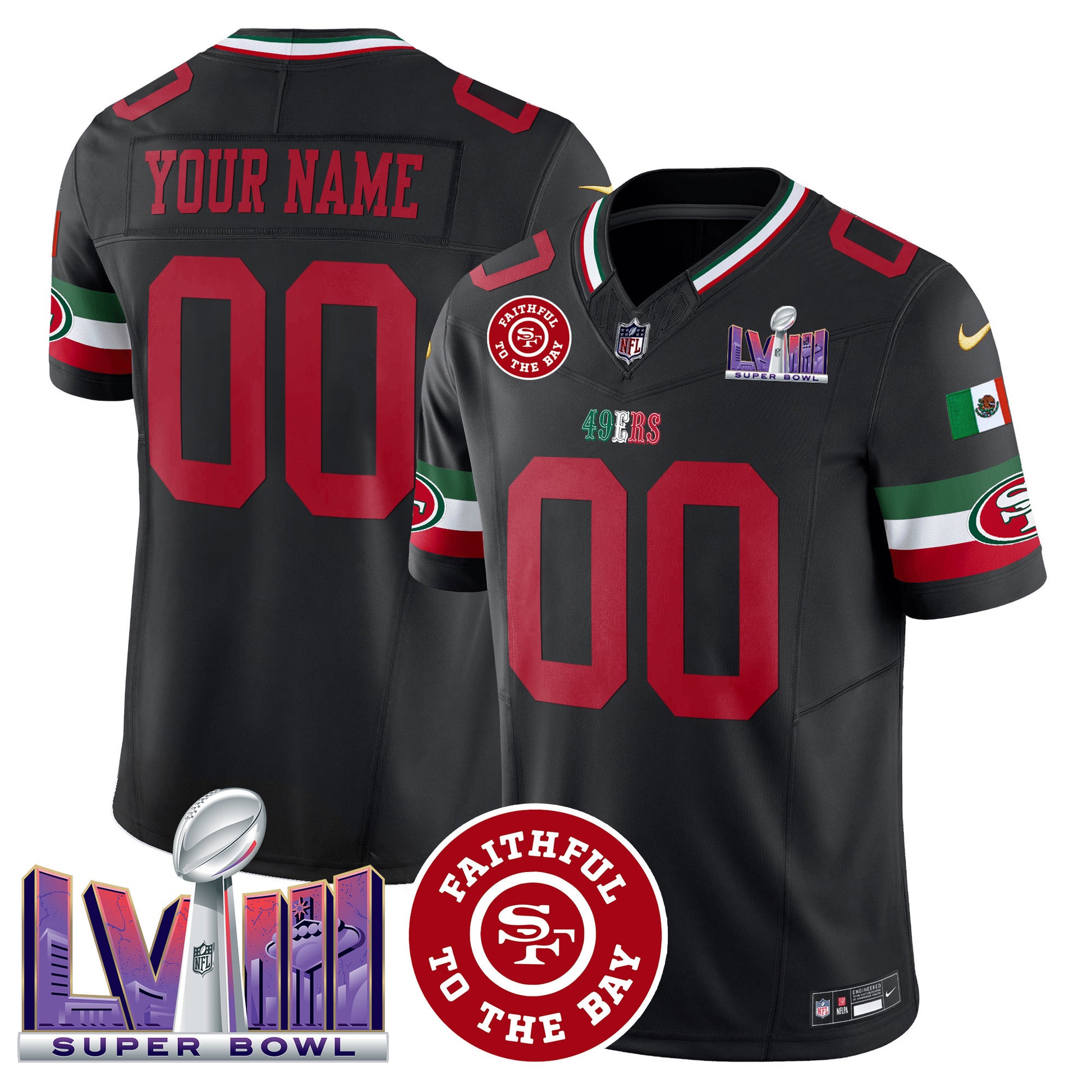 49ers Mexico Faithful & Super Bowl LVIII Patch Vapor Custom Jersey - All Stitched