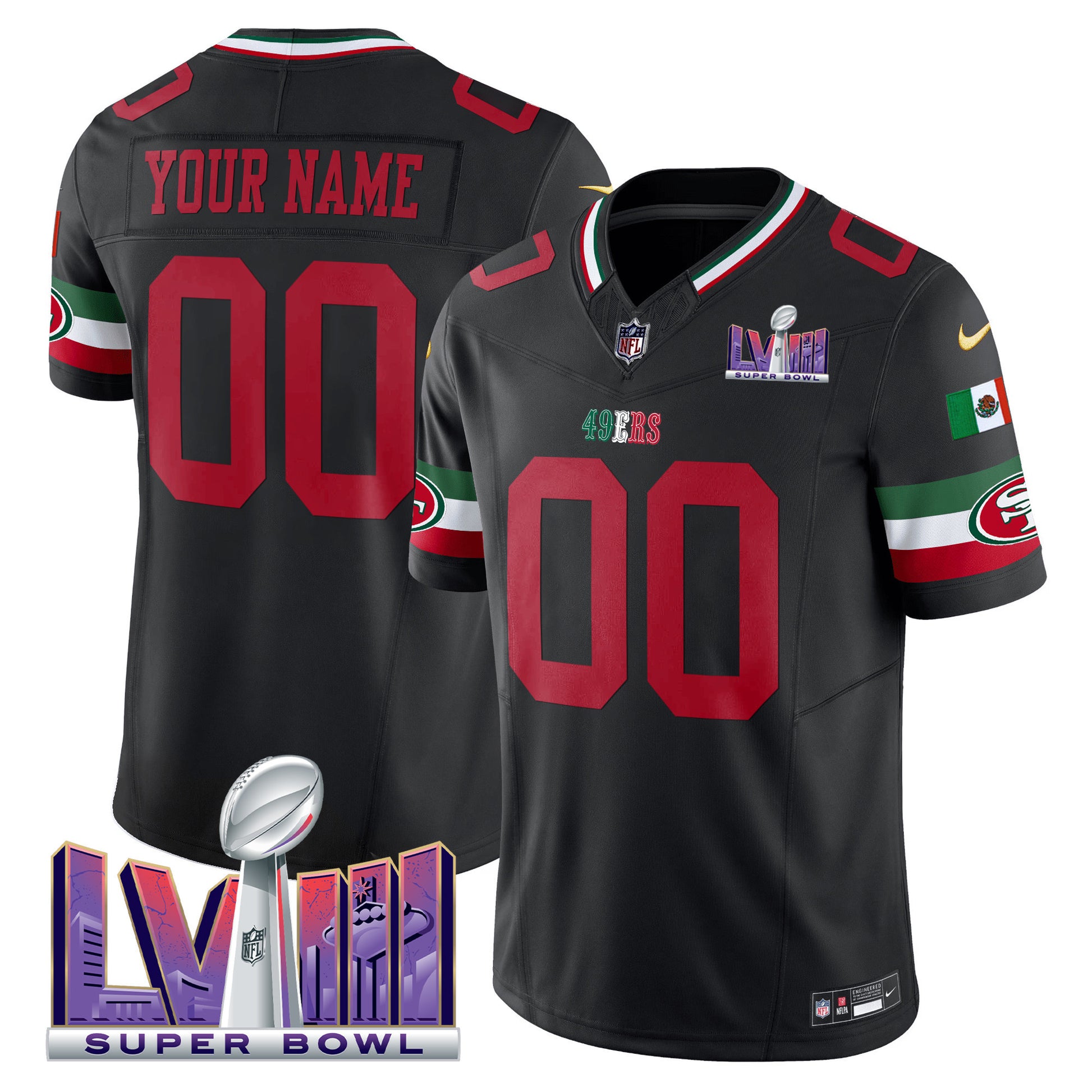 49ers Mexico Super Bowl LVIII Patch Vapor Custom Jersey - All Stitched