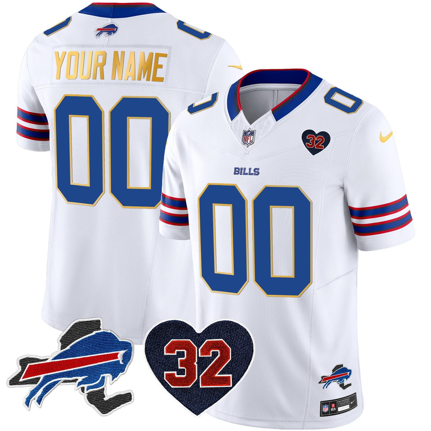 Bills O.J. Simpson Patch Gold Trim Vapor Limited Custom Jersey - All Stitched