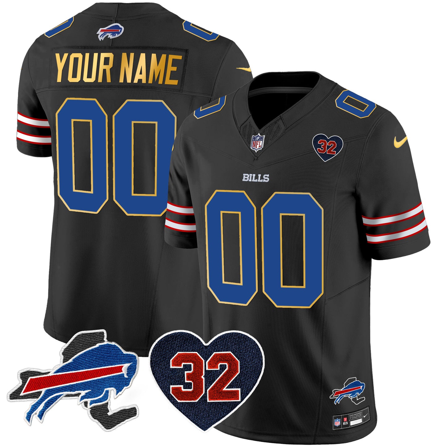 Bills O.J. Simpson Patch Gold Trim Vapor Limited Custom Jersey - All Stitched