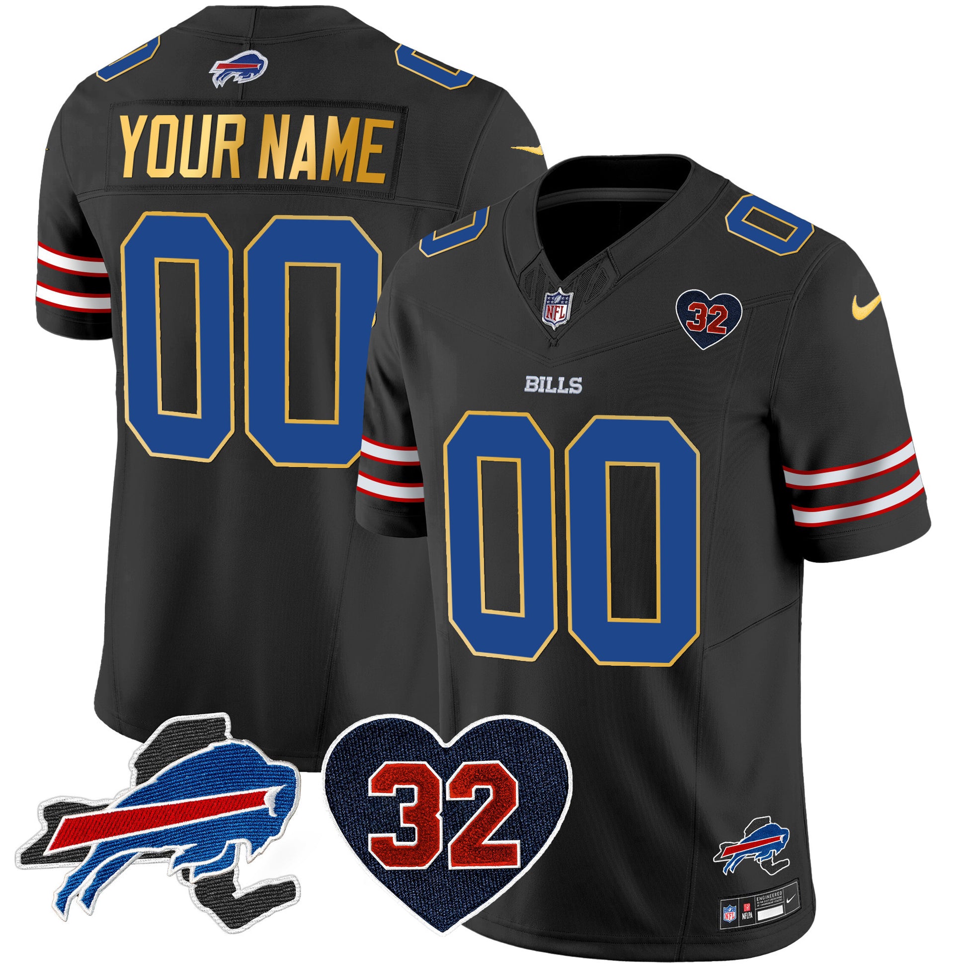 Bills O.J. Simpson Patch Gold Trim Vapor Limited Custom Jersey - All Stitched