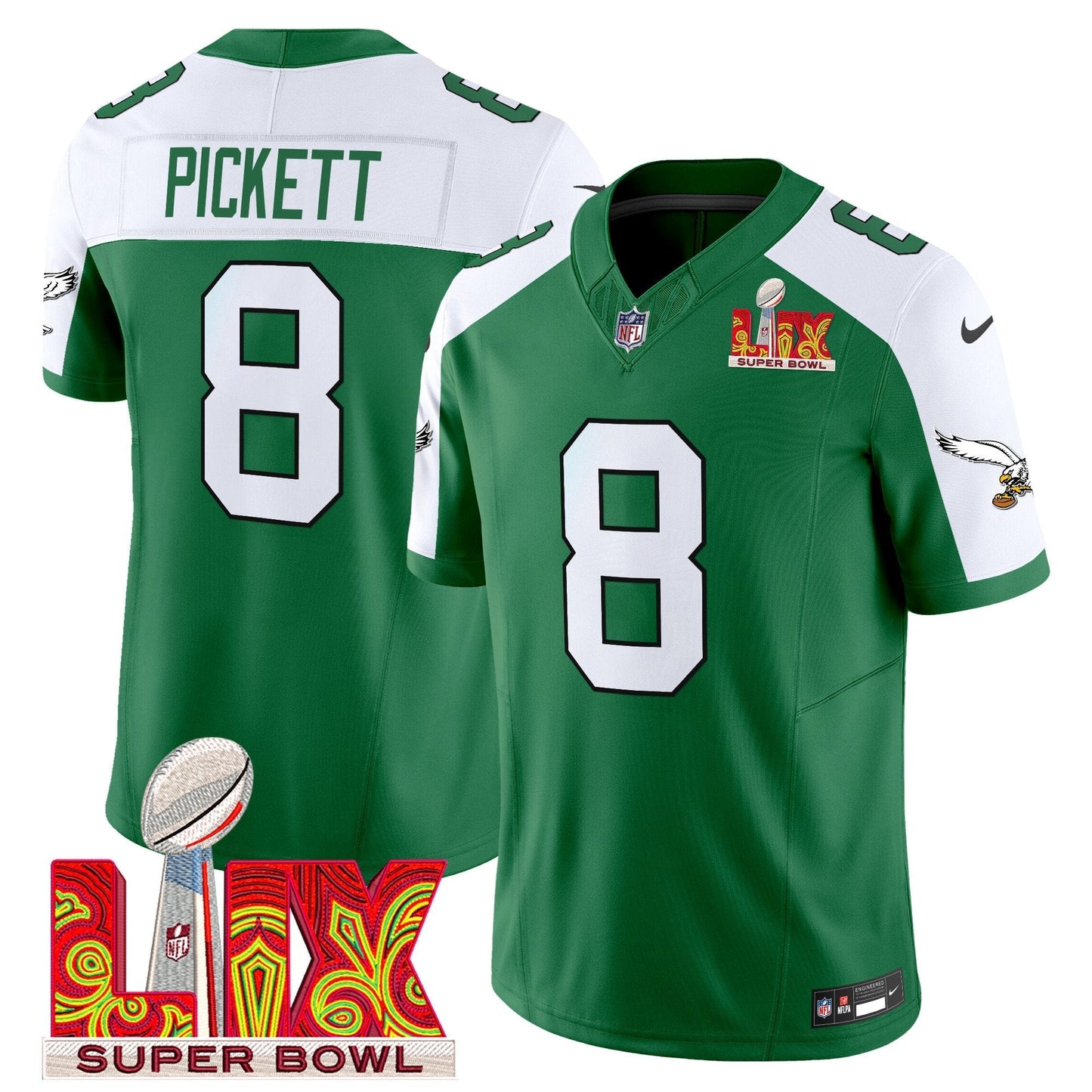 PHI Kelly Green Super Bowl LIX Patch Vapor Limited Jersey - All Stitched