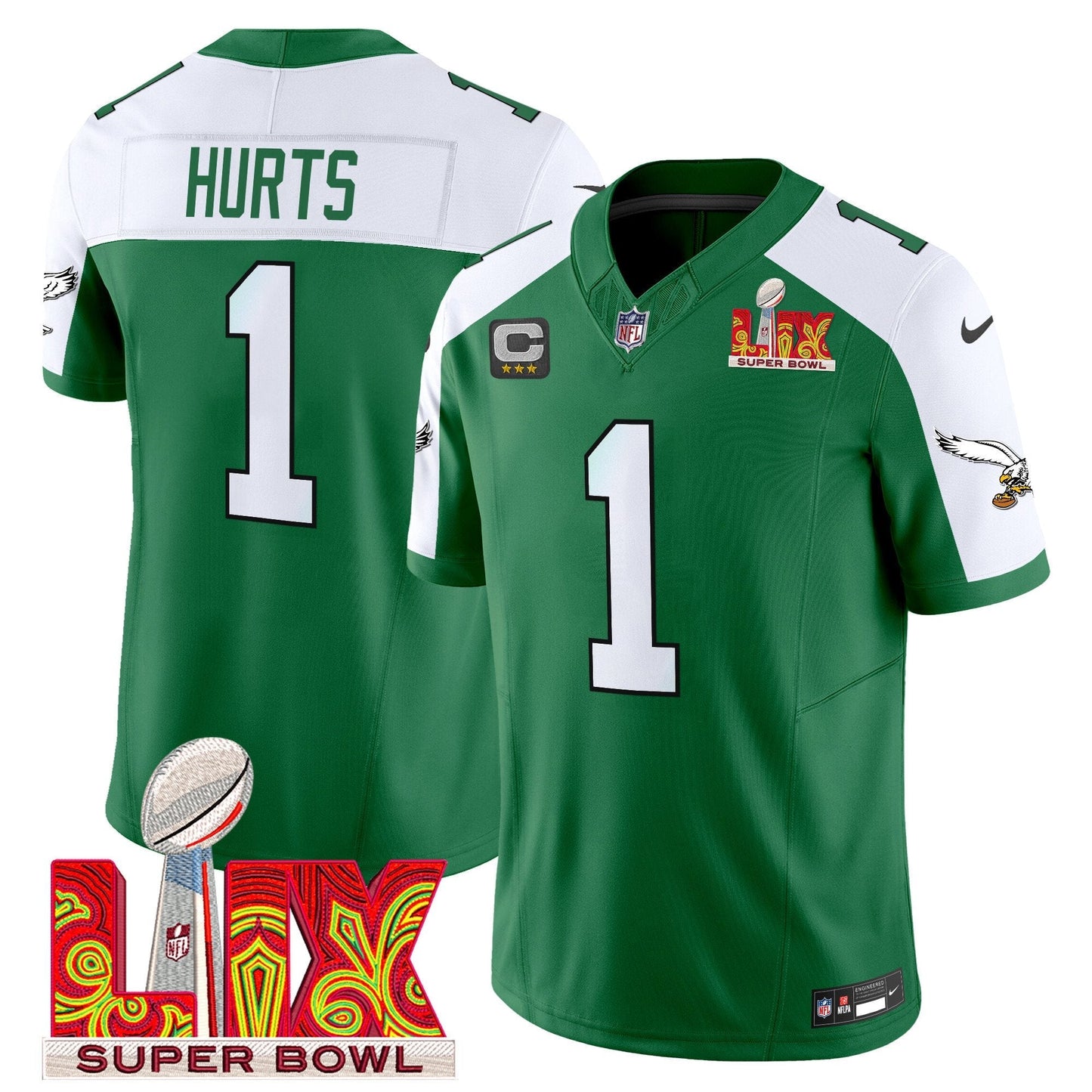 PHI Kelly Green Super Bowl LIX Patch Vapor Limited Jersey - All Stitched