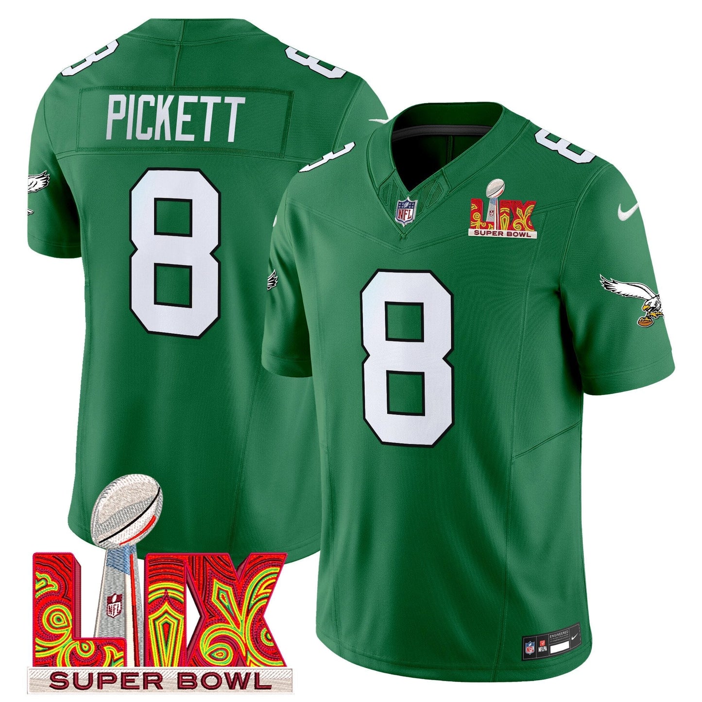 PHI Kelly Green Super Bowl LIX Patch Vapor Limited Jersey - All Stitched