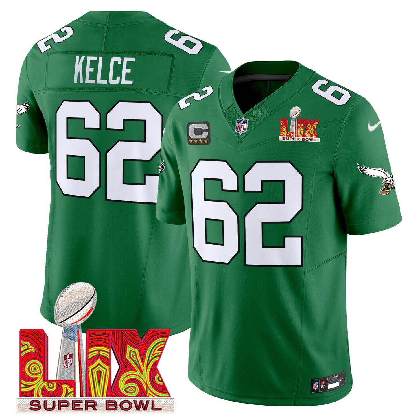 PHI Kelly Green Super Bowl LIX Patch Vapor Limited Jersey - All Stitched