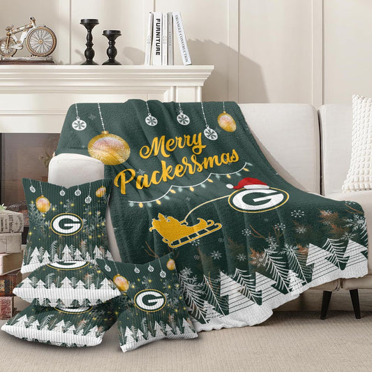 Green Bay Packers | Premium Christmas Fleece Blanket & Throw Pillow Combo MM