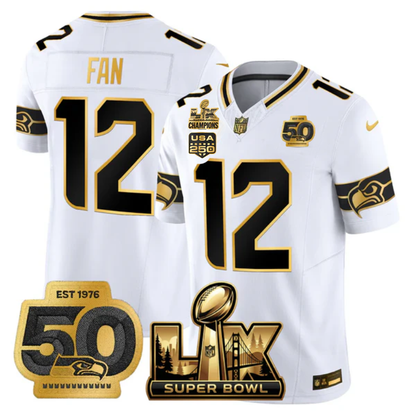 SEA Super Bowl LX - 50th Anniversary Patch Gold Vapor Limited Jersey N6 - All Stitched