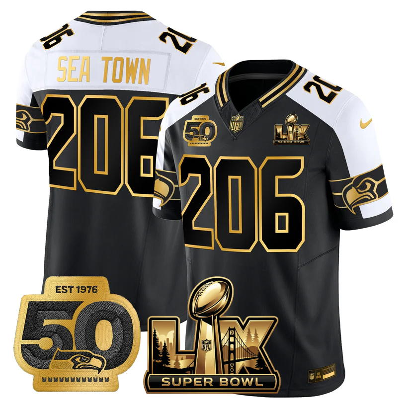 SEA Super Bowl LX - 50th Anniversary Patch Gold Vapor Limited Jersey - All Stitched