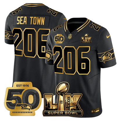 SEA Super Bowl LX - 50th Anniversary Patch Gold Vapor Limited Jersey - All Stitched