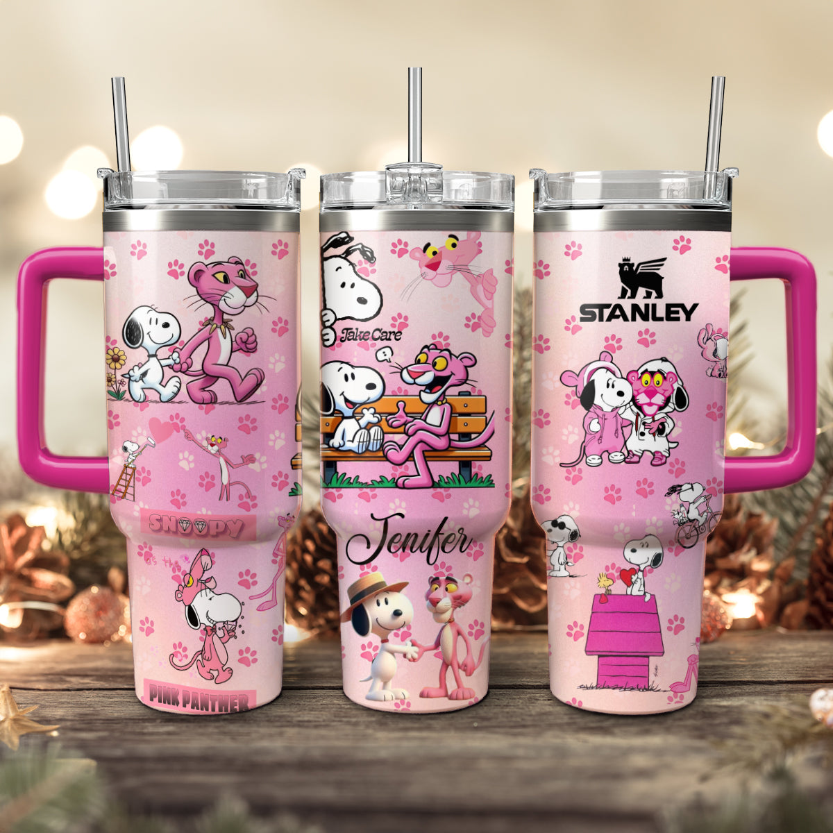 40oz Custom Tumbler Christmas Couple Snoopy Pink Panther - 411QA-TB033